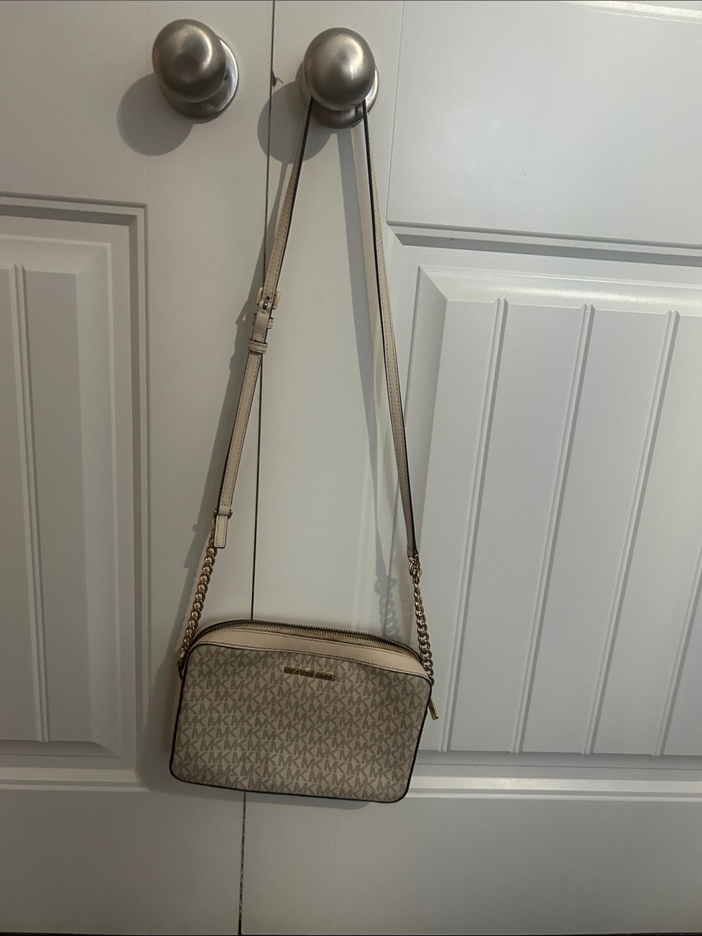 Michael Kors Beige MK Signature Crossbody with Gold-Tone Chain